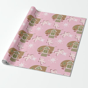 Gingerbread House Cookies Pink Snowflakes  Wrapping Paper