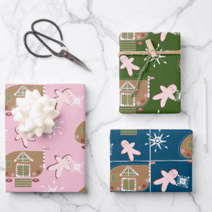 Gingerbread House Cookies Pink Snowflakes Wrapping Paper Sheets