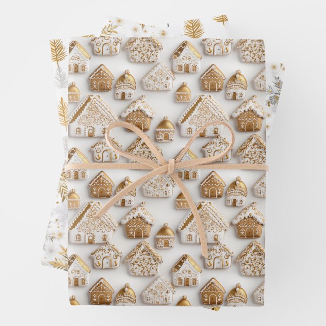 Gingerbread House Cookies Snowfake Christmas Wrapping Paper Sheets (In situ)