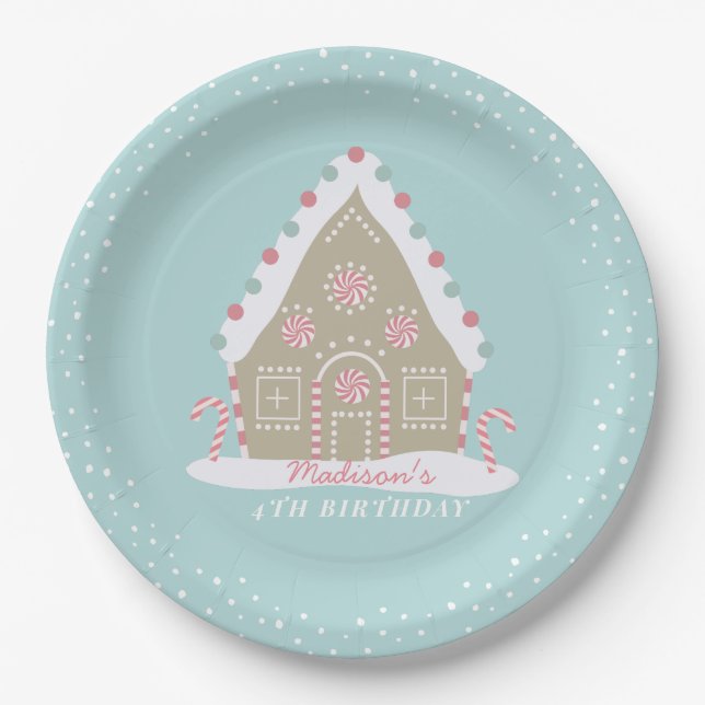 Gingerbread House Decorating Birthday Blue Paper Plates (Front)