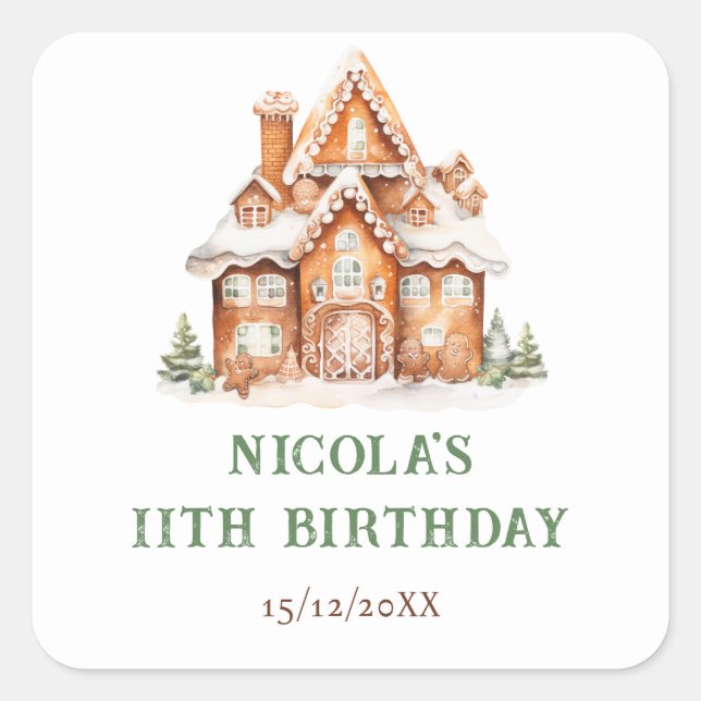 Gingerbread House Decorating Birthday Party Square Sticker (Front)