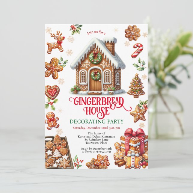 Gingerbread House Decorating Christmas Party Invitation (Standing Front)