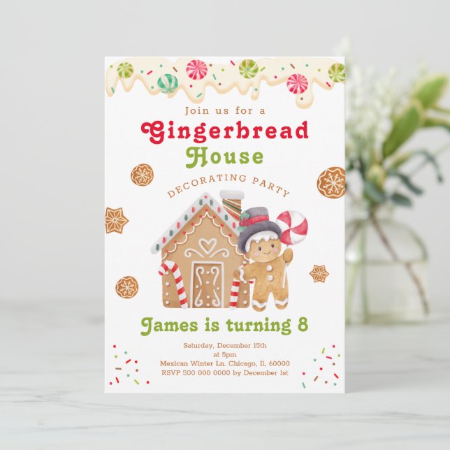 Gingerbread house decorating party birthday invitation (Standing Front)