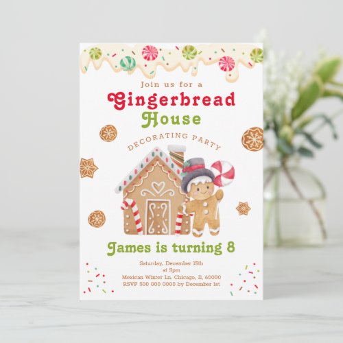 Gingerbread house decorating party birthday invitation