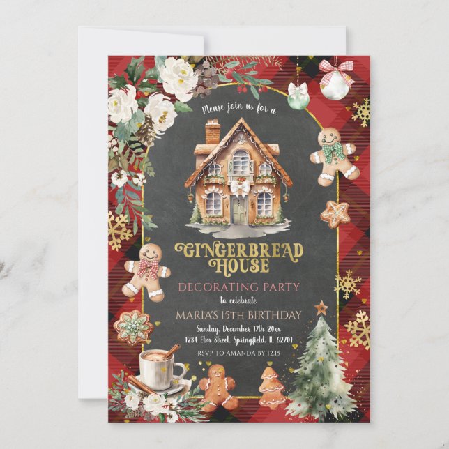 Gingerbread House Decorating Party Christmas Plaid Invitation (Front)
