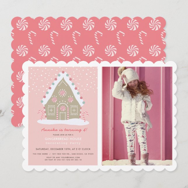 Gingerbread House Decorating Pink Birthday Photo Invitation (Front/Back)