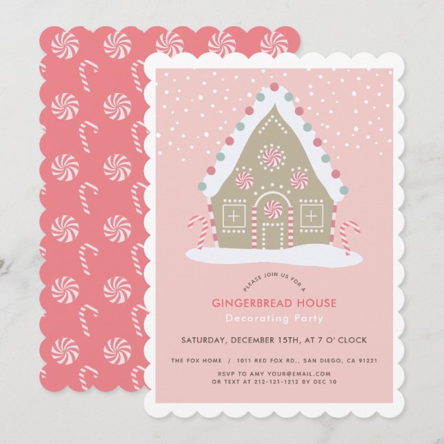 Gingerbread House Decorating Pink Holiday Party Invitation (Front/Back)