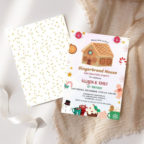 Gingerbread House Decorating  Twin 1St Birthday Invitation