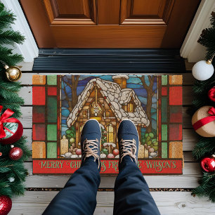 Gingerbread House Faux Stained Glass Fiber Doormat