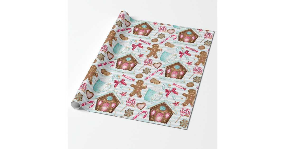 Gingerbread Santa Candy Cane Pattern Wrapping Paper, Zazzle