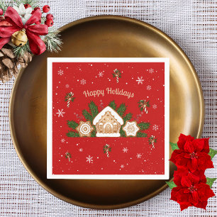 Gingerbread House Happy Holidays Party Red Green Napkins