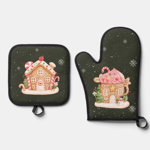 Gingerbread House Holiday Christmas Oven Mitt  Pot Holder Set