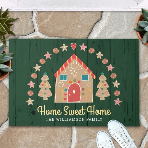 Gingerbread House Home Sweet Home Green Wood  Doormat