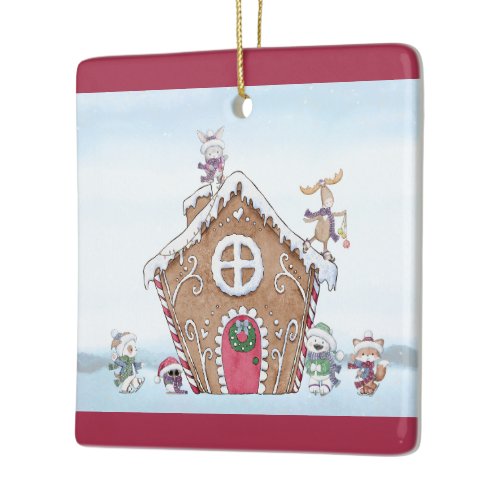 Gingerbread House Ice Skating Animals Custom Ceramic Ornament