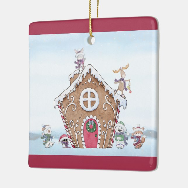 Gingerbread House Ice Skating Animals Custom Ceramic Ornament (Left)