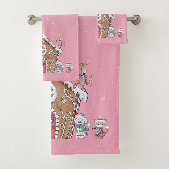 Gingerbread House Ice Skating Animals Snowy Day Bath Towel Set (Insitu)
