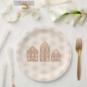 Gingerbread House Illustration Snowflake Pattern Paper Plates