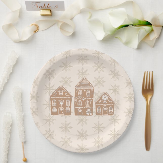 Gingerbread House Illustration Snowflake Pattern Paper Plates (Wedding)