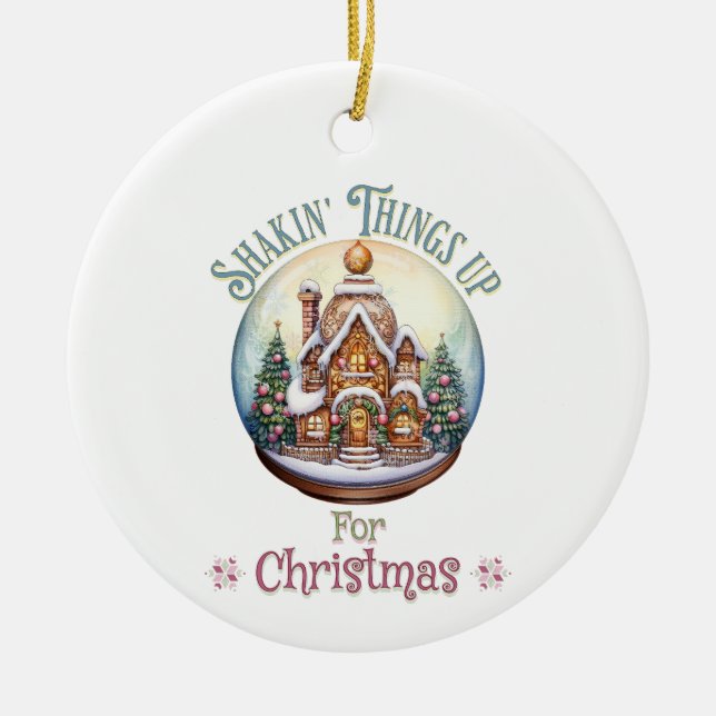 Gingerbread House in Snow Globe Christmas Holiday Ceramic Ornament (Front)