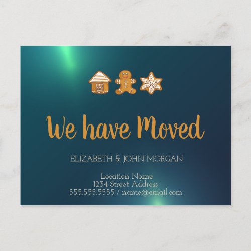 Gingerbread HouseManStarGreen  We Have Moved Announcement Postcard