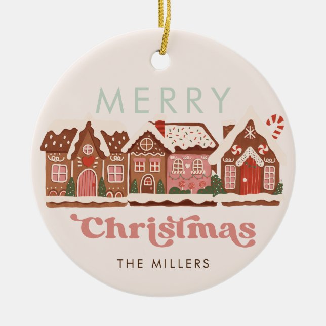Gingerbread House Modern Merry Christmas Ceramic Ornament (Front)