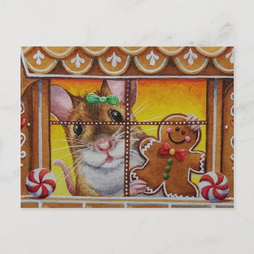 Gingerbread House Mouse  Cookie Watercolor Art Postcard