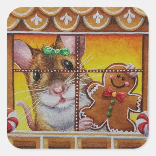 Gingerbread House Mouse  Cookie Watercolor Art Square Sticker