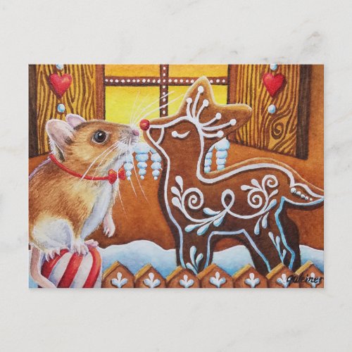 Gingerbread House Mouse  Reindeer Watercolor Art Postcard