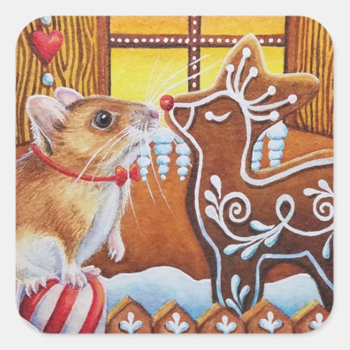 Gingerbread House Mouse  Reindeer Watercolor Art Square Sticker