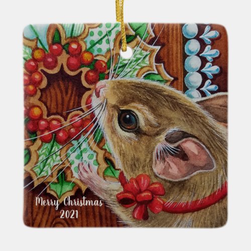 Gingerbread House Mouse  Wreath Watercolor Art Ceramic Ornament