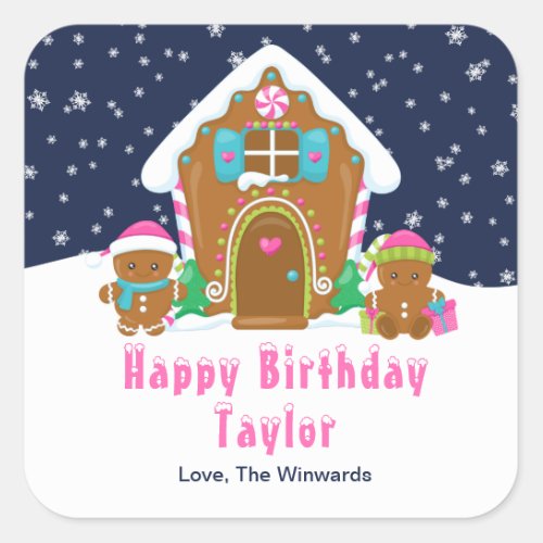 Gingerbread House Navy and Pink Happy Birthday Square Sticker