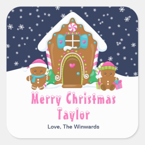 Gingerbread House Navy and Pink Merry Christmas Square Sticker
