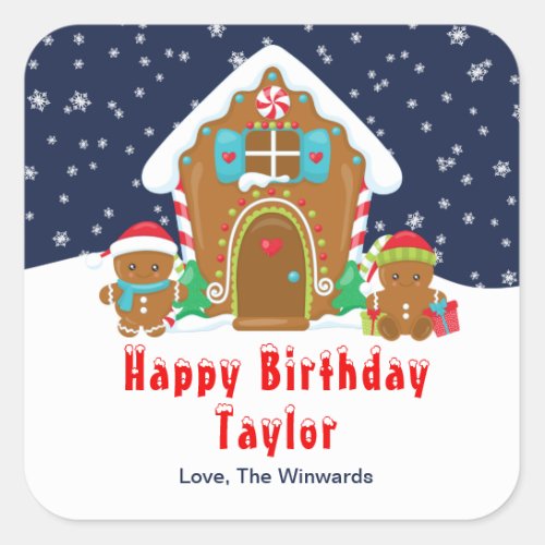 Gingerbread House Navy and Red Happy Birthday Square Sticker