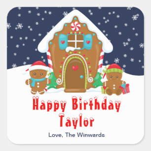 Gingerbread House Navy and Red Happy Birthday Square Sticker