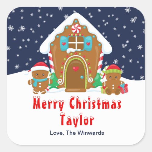 Gingerbread House Navy and Red Merry Christmas Square Sticker