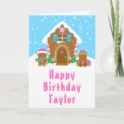 Gingerbread House Pink and Blue Happy Birthday Card