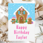 Gingerbread House Pink and Blue Happy Birthday Card<br><div class="desc">This cute and festive birthday card can be personalized with a name or title such as daughter, granddaughter, niece, friend etc. The design features a cute gingerbread house decorated with pink and green Christmas candy. Beside it are adorable gingerbread men with gifts, dressed in Santa hats and a scarf. In...</div>