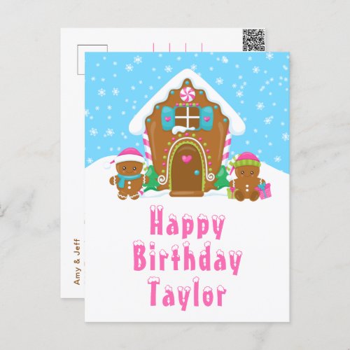 Gingerbread House Pink and Blue Happy Birthday Postcard