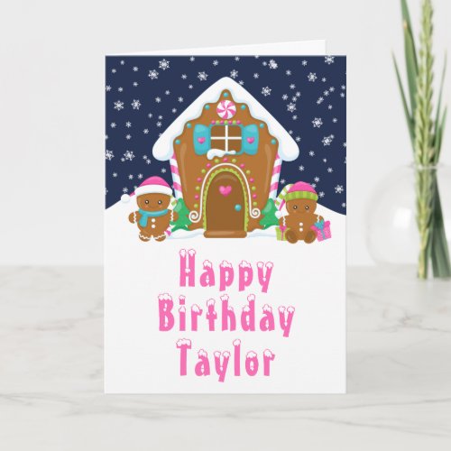 Gingerbread House Pink and Navy Happy Birthday Card
