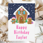 Gingerbread House Pink and Navy Happy Birthday Card<br><div class="desc">This cute and festive birthday card can be personalized with a name or title such as daughter, granddaughter, niece, friend etc. The design features a cute gingerbread house decorated with pink and green Christmas candy. Beside it are adorable gingerbread men with gifts, dressed in Santa hats and a scarf. In...</div>