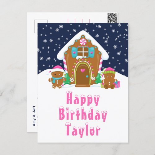 Gingerbread House Pink and Navy Happy Birthday Postcard