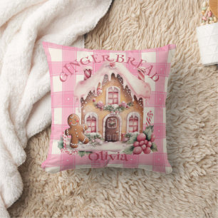 Gingerbread House Pink Checkered Custom Throw Pillow
