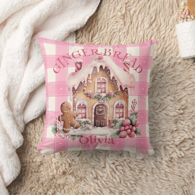 Gingerbread House Pink Checkered Custom Throw Pillow (Blanket)