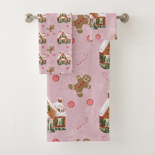 Gingerbread House Pink Christmas Bath Towel Set