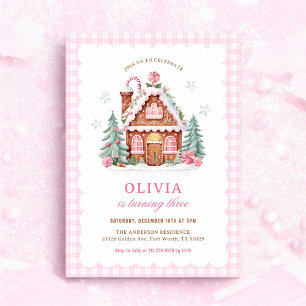 Gingerbread House Pink Christmas Birthday Invitation