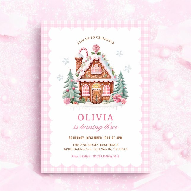 Gingerbread House Pink Christmas Birthday Invitation (Creator Uploaded)