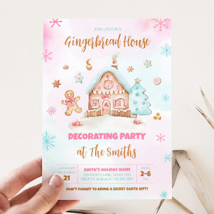 Gingerbread House Pink Christmas Decorating Party Invitation