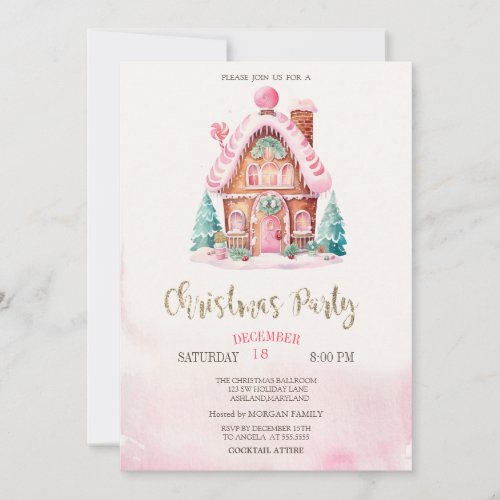 Gingerbread House Pink Christmas Invitation