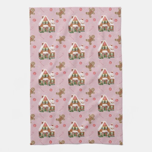 Gingerbread House Pink Christmas Kitchen Towel