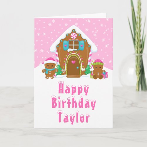 Gingerbread House Pink Happy Birthday Card